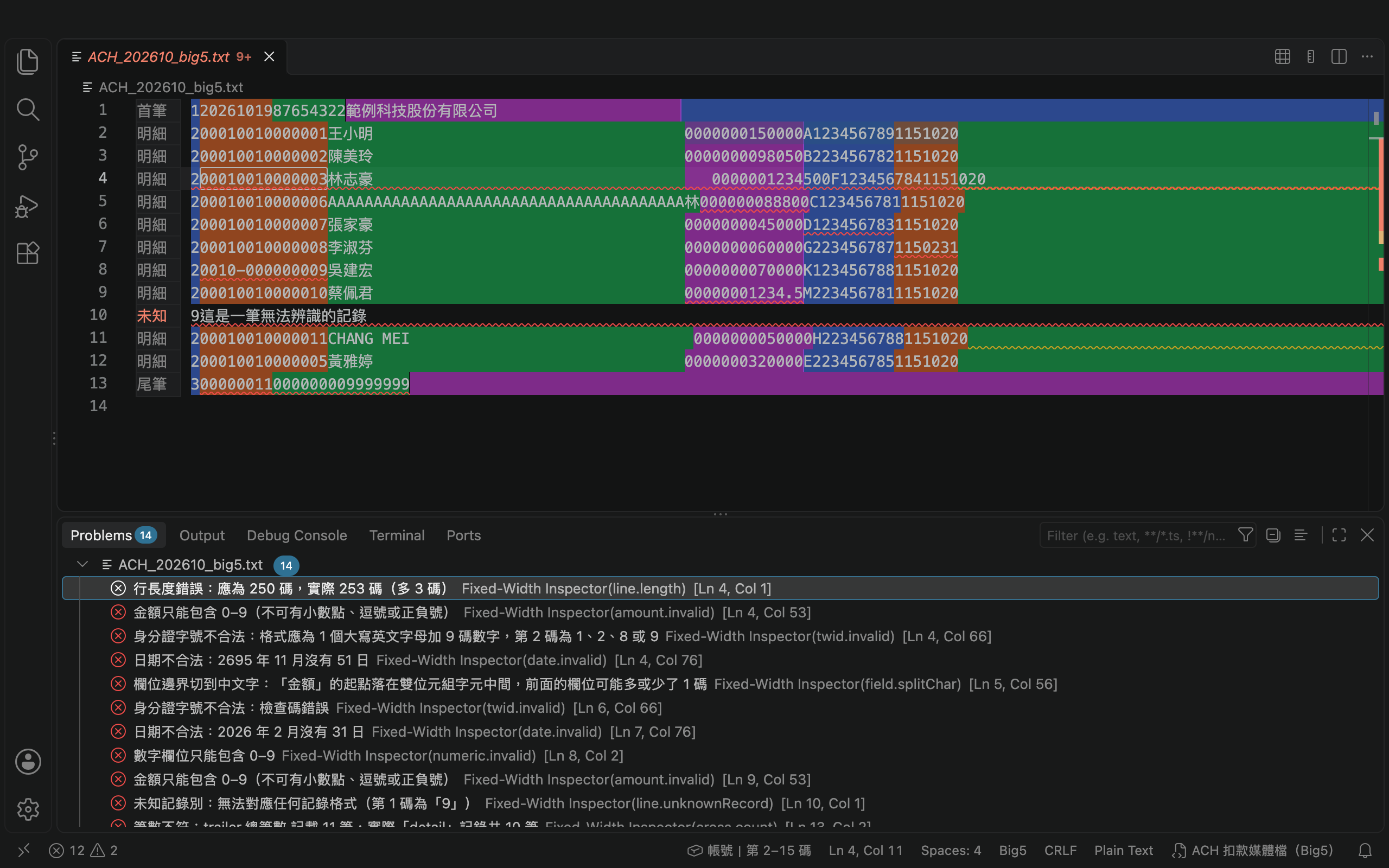 Fixed-Width Inspector 問題面板列出所有錯誤